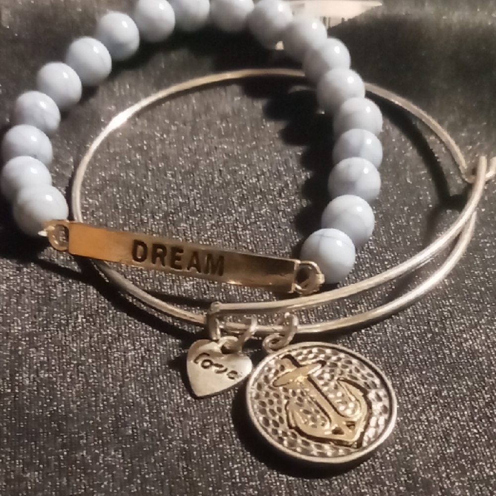 Silver & Gold Anchor Charm and Blue Inspirational Dream Bracelet Expandable